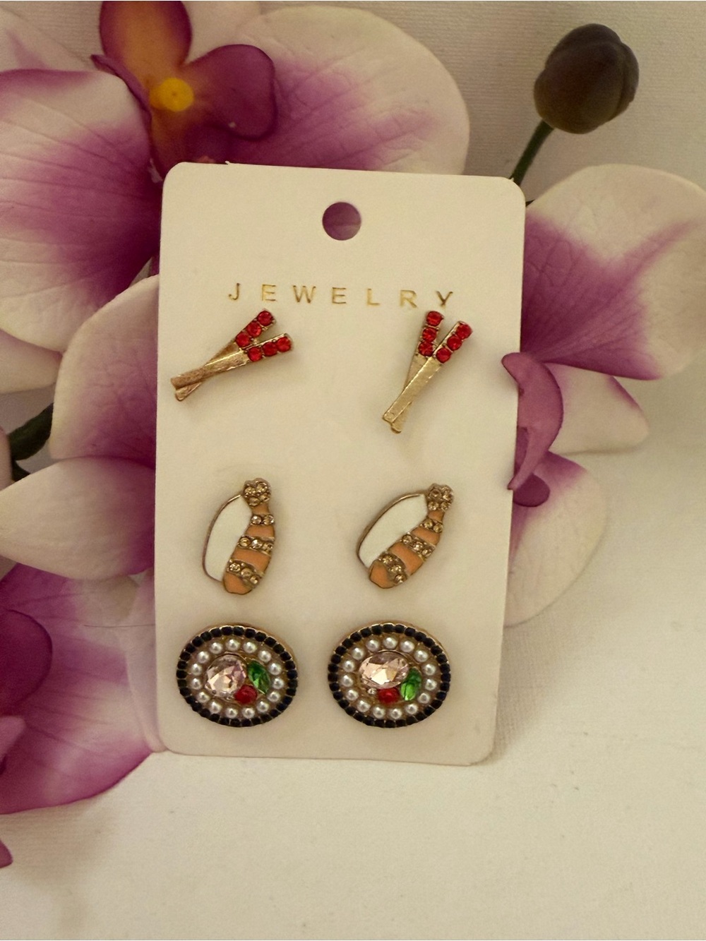 3-Pair Gold Tone Earring Set Sishi & Multicolor Accents. NEW